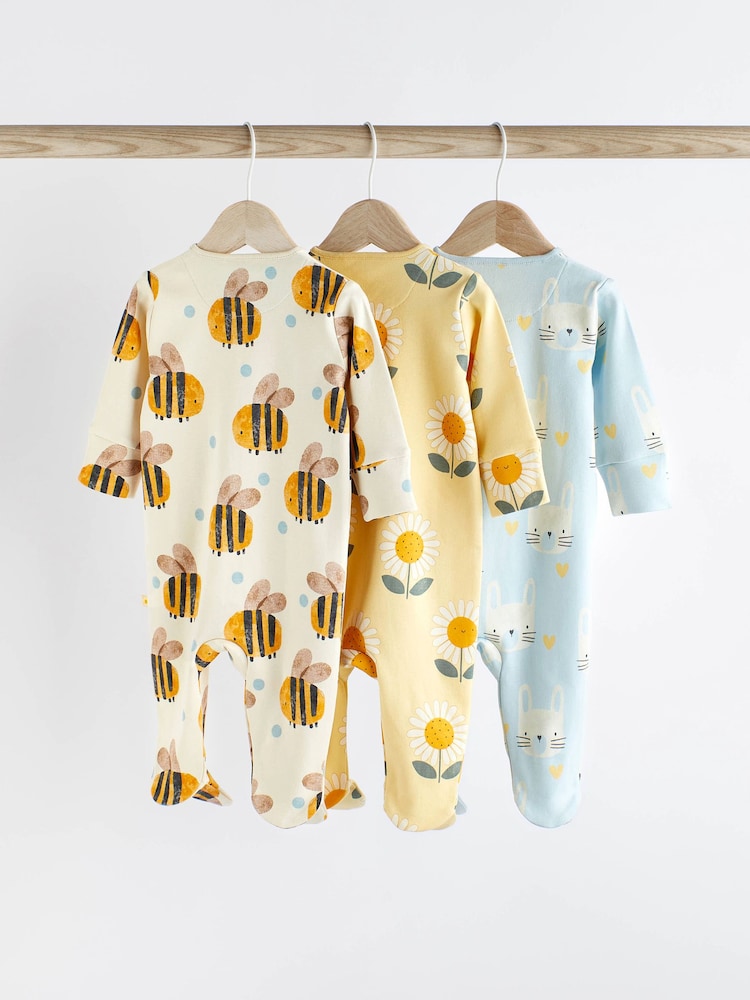 Blue/Yellow Baby Two Way Zip 100% Cotton Sleepsuits 3 Pack (0mths-2yrs) - Image 2 of 12