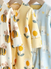 Blue/Yellow Baby Two Way Zip 100% Cotton Sleepsuits 3 Pack (0mths-2yrs) - Image 6 of 12