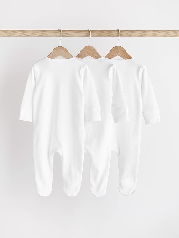 White Essential Zipped 100% Cotton Baby Sleepsuits 3 Pack (0-3yrs) - Image 2 of 6