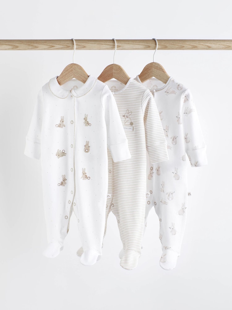 Neutral Bunny 100% Cotton Delicate Baby Sleepsuits 3 Pack (0-2yrs) - Image 1 of 12