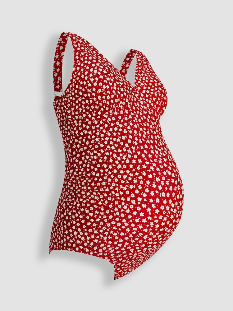 JoJo Maman Bébé Red Ditsy Floral V-Neck Maternity Swimsuit - Image 2 of 4