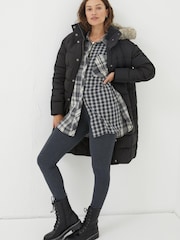 FatFace Black Sienna Quilted Mid Length Coat - Image 1 of 6