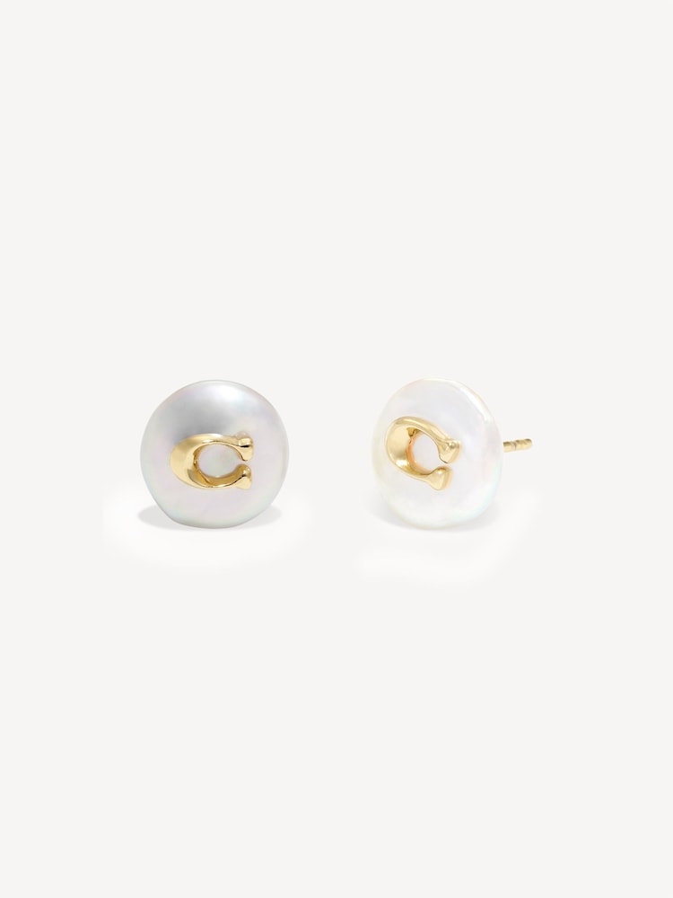 COACH Gold Tone Signature Coin Pearl Stud Earrings - Image 1 of 2 COACH Gold Tone Signature Coin Pearl Stud Earrings - Image 1 of 2