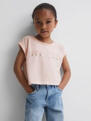 Reiss Pink Terry 4-9 yrs Cotton Crew Neck Cropped T-Shirt - Image 1 of 6