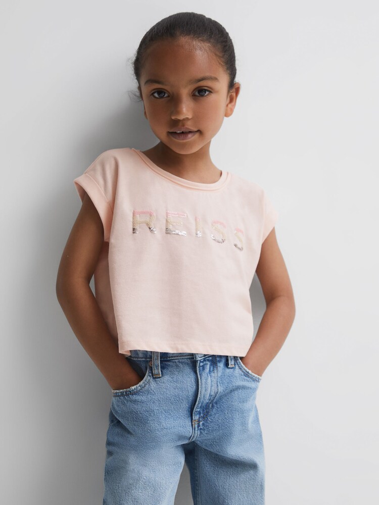 Reiss Pink Terry 4-9 yrs Cotton Crew Neck Cropped T-Shirt - Image 1 of 6 Reiss Pink Terry 4-9 yrs Cotton Crew Neck Cropped T-Shirt - Image 1 of 6