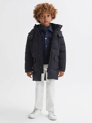Reiss Navy Isaac Senior Quilted Hooded Coat With Linen - Image 1 of 6