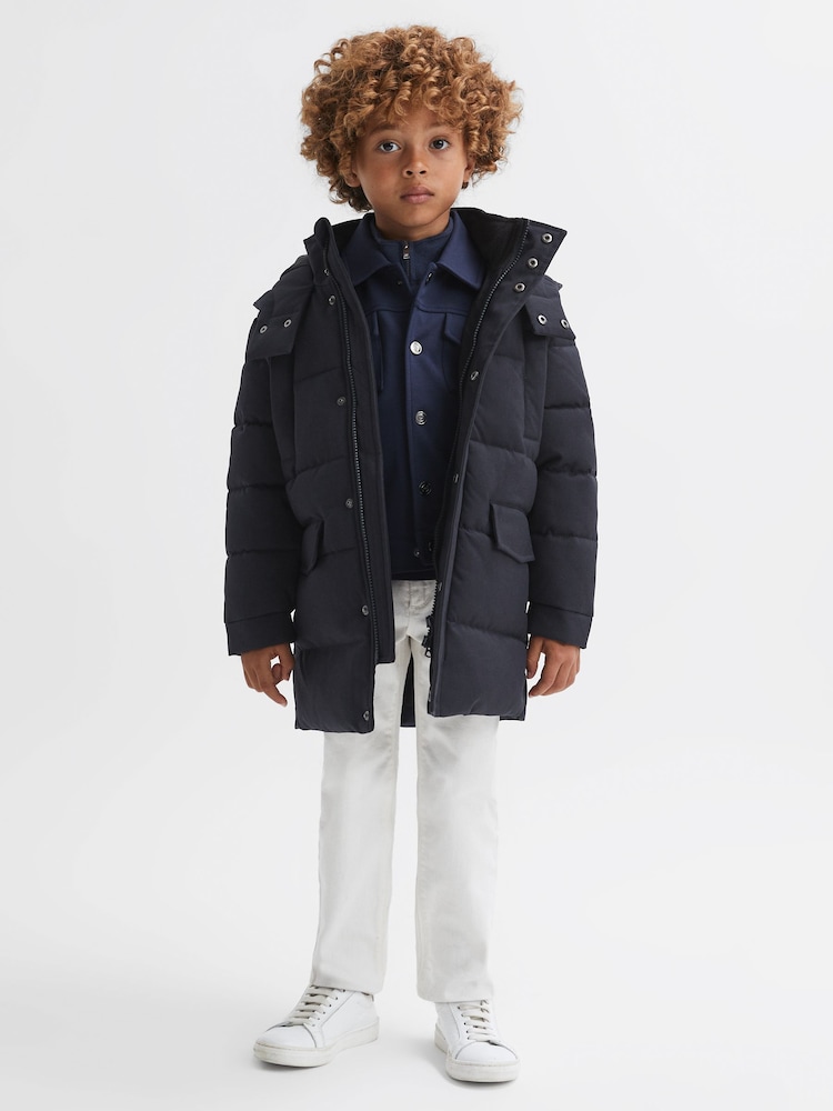 Reiss Navy Isaac Senior Quilted Hooded Coat With Linen - Image 1 of 6