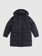 Reiss Navy Isaac Senior Quilted Hooded Coat With Linen - Image 2 of 6