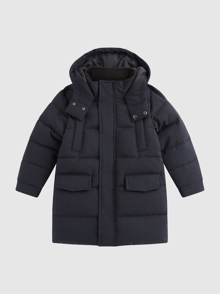 Reiss Navy Isaac Senior Quilted Hooded Coat With Linen - Image 2 of 6