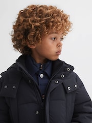 Reiss Navy Isaac Senior Quilted Hooded Coat With Linen - Image 4 of 6