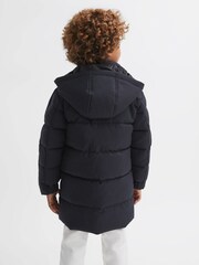 Reiss Navy Isaac Senior Quilted Hooded Coat With Linen - Image 5 of 6