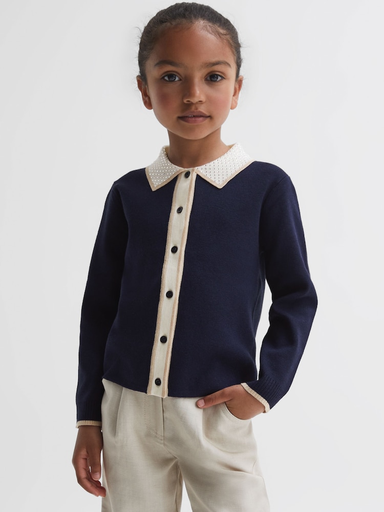 Reiss Navy Helena Embellished Knitted Cardigan - Image 2 of 10 Reiss Navy Helena Embellished Knitted Cardigan - Image 2 of 10