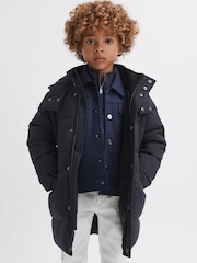 Reiss Navy Isaac Junior Quilted Hooded Coat With Linen - Image 1 of 6