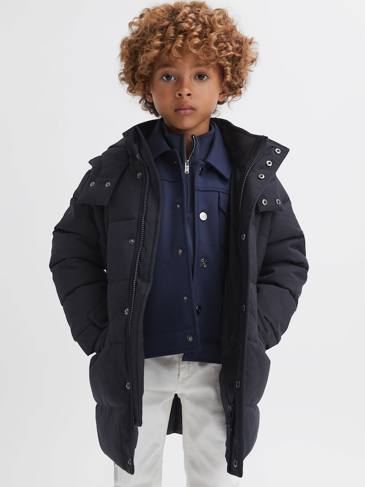 Reiss Navy Isaac Junior Quilted Hooded Coat With Linen - Image 1 of 6
