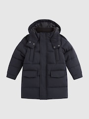 Reiss Navy Isaac Junior Quilted Hooded Coat With Linen - Image 2 of 6