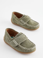 Sage Green Wide Fit (G) Leather Penny Loafers with Touch and Close Fastening - Image 1 of 5