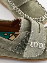 Sage Green Wide Fit (G) Leather Penny Loafers with Touch and Close Fastening - Image 4 of 5