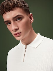 Ecru White Regular Fit Knitted Bubble Textured 100% Cotton Polo Shirt - Image 1 of 8