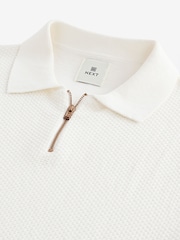 Ecru White Regular Fit Knitted Bubble Textured 100% Cotton Polo Shirt - Image 8 of 8