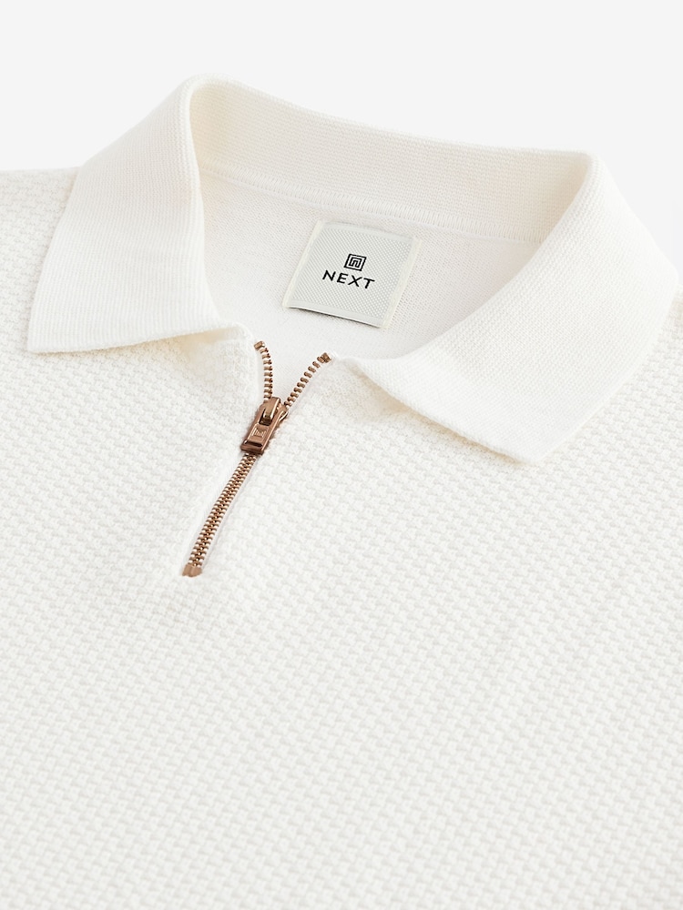 Ecru White Regular Fit Knitted Bubble Textured 100% Cotton Polo Shirt - Image 8 of 8
