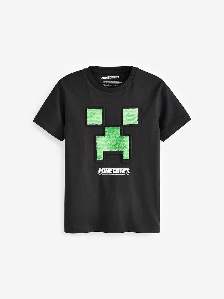Black/Green 100% Cotton Minecraft Flippy Sequin T-Shirt (4-16yrs) - Image 1 of 4