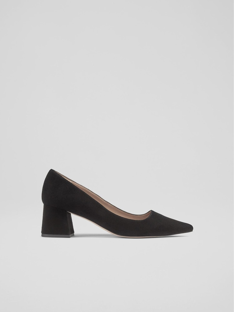 LK Bennett Black Suede Sloane Block Heel Courts - Image 1 of 4