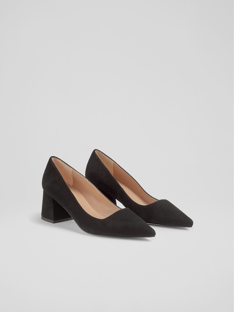 LK Bennett Black Suede Sloane Block Heel Courts - Image 2 of 4