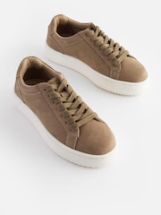 Neutral Stone Lace Up Leather Smart Trainers - Image 1 of 6