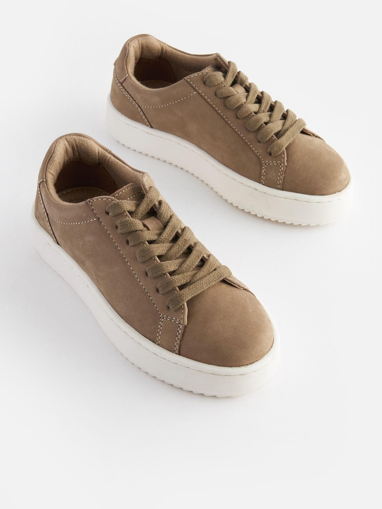 Neutral Stone Lace Up Leather Smart Trainers - Image 1 of 6