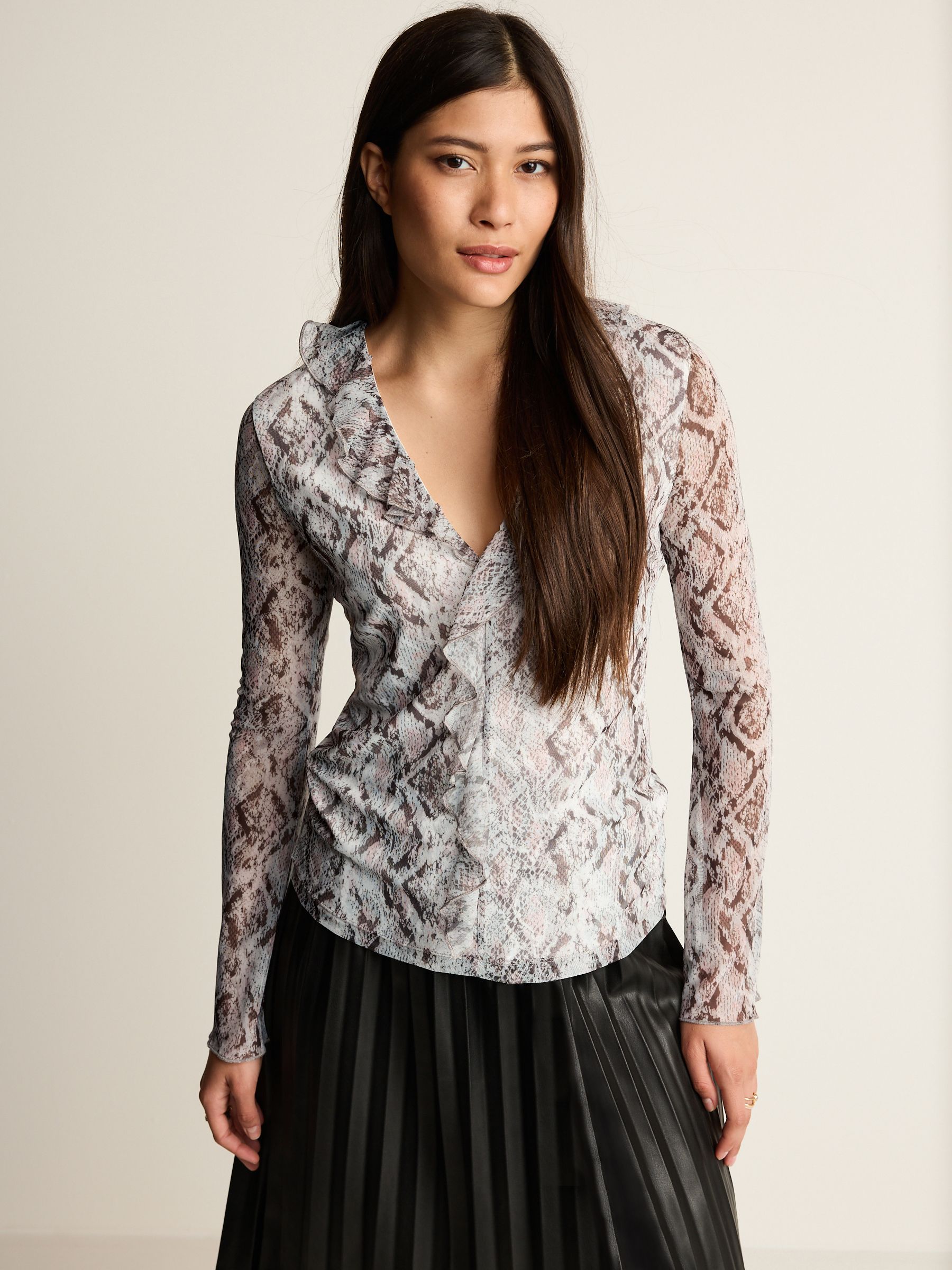 Buy White Snake Print Long Sleeve Ruffle Front Mesh Top from Next Luxembourg