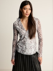 White Snake Print Long Sleeve Ruffle Front Mesh Top - Image 1 of 6