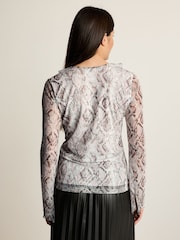 White Snake Print Long Sleeve Ruffle Front Mesh Top - Image 3 of 6