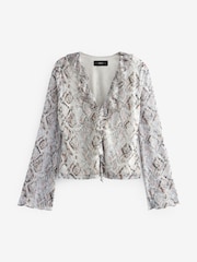 White Snake Print Long Sleeve Ruffle Front Mesh Top - Image 5 of 6
