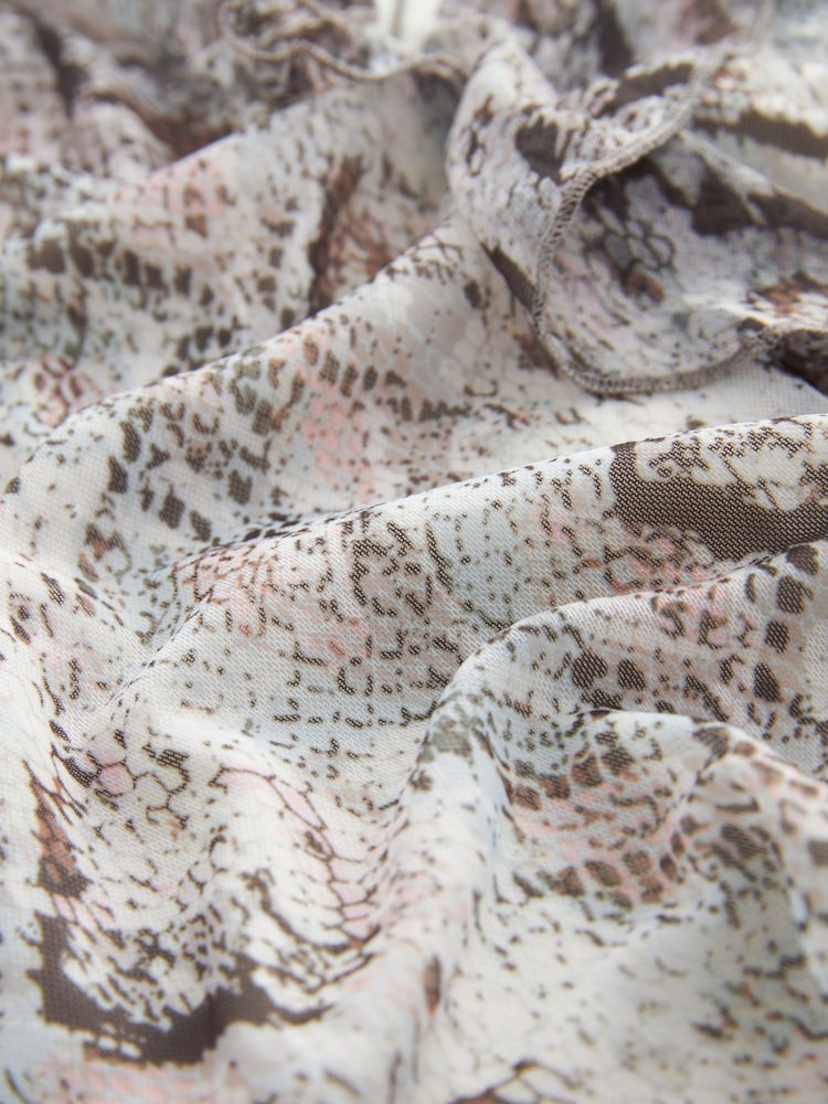 White Snake Print Long Sleeve Ruffle Front Mesh Top - Image 6 of 6