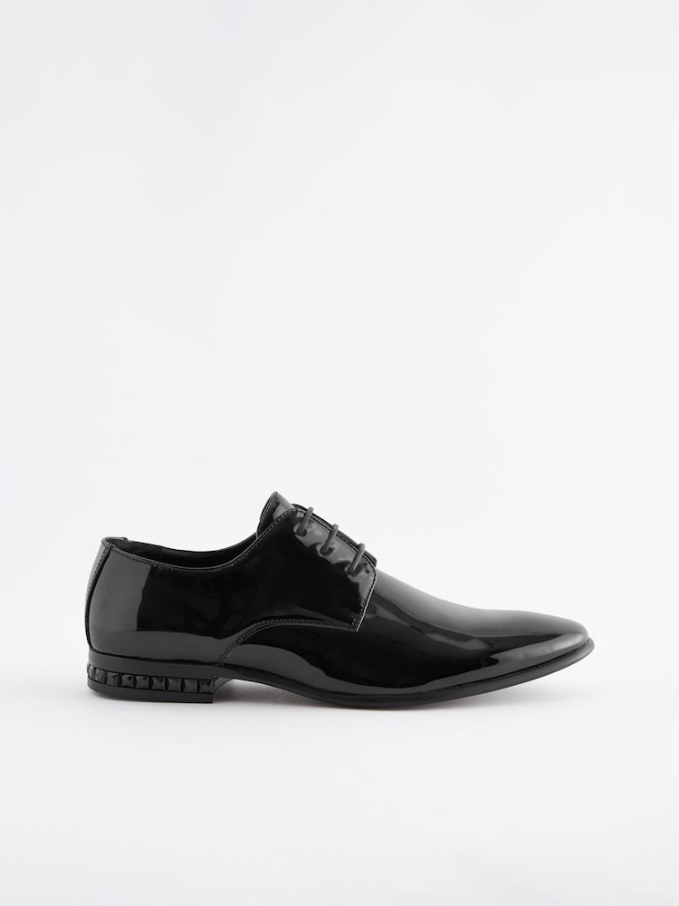 Black High Shine Jewel Trim Patent Derby Shoes - Image 2 of 5