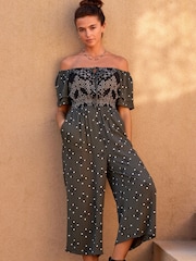 Khaki Green Woodblock Off Shoulder Wide Leg Jumpsuit - Image 1 of 7