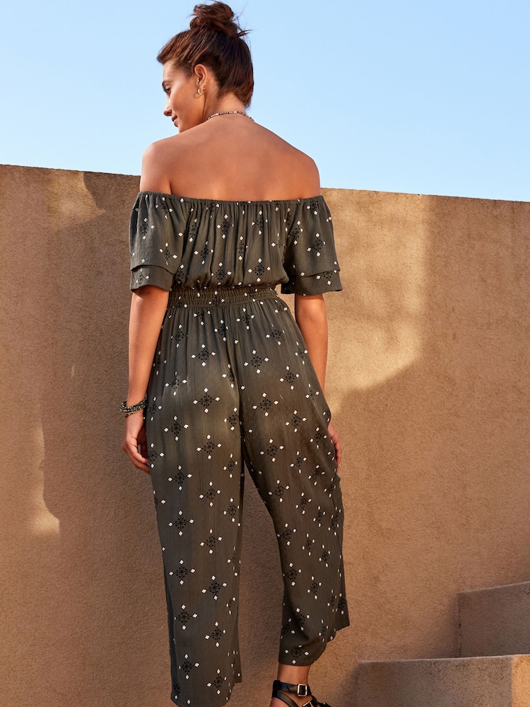 Khaki Green Woodblock Off Shoulder Wide Leg Jumpsuit - Image 2 of 7