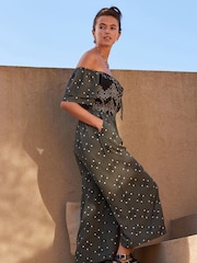 Khaki Green Woodblock Off Shoulder Wide Leg Jumpsuit - Image 4 of 7
