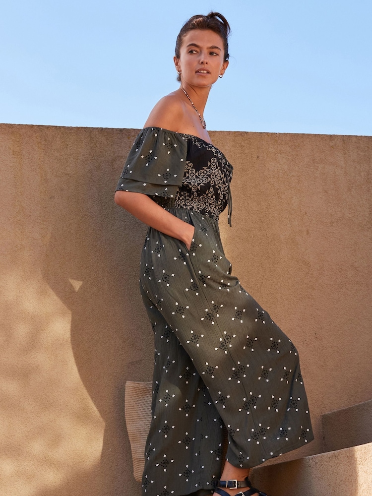 Khaki Green Woodblock Off Shoulder Wide Leg Jumpsuit - Image 4 of 7