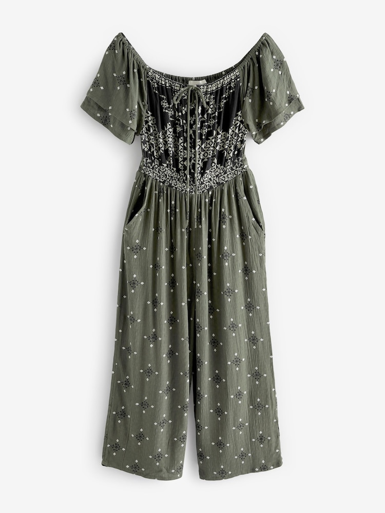 Khaki Green Woodblock Off Shoulder Wide Leg Jumpsuit - Image 6 of 7