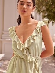Washed Khaki Green Mini Wrap Summer Dress - Image 4 of 8