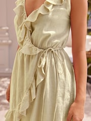 Washed Khaki Green Mini Wrap Summer Dress - Image 6 of 8