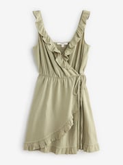 Washed Khaki Green Mini Wrap Summer Dress - Image 7 of 8