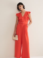 Phase Eight Orange Kallie V-Neck Frill Jumpsuit - Image 1 of 6