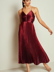 Red Pleated Metallic Midi Dress - Image 1 of 6
