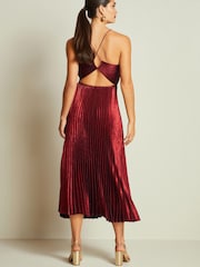 Red Pleated Metallic Midi Dress - Image 3 of 6