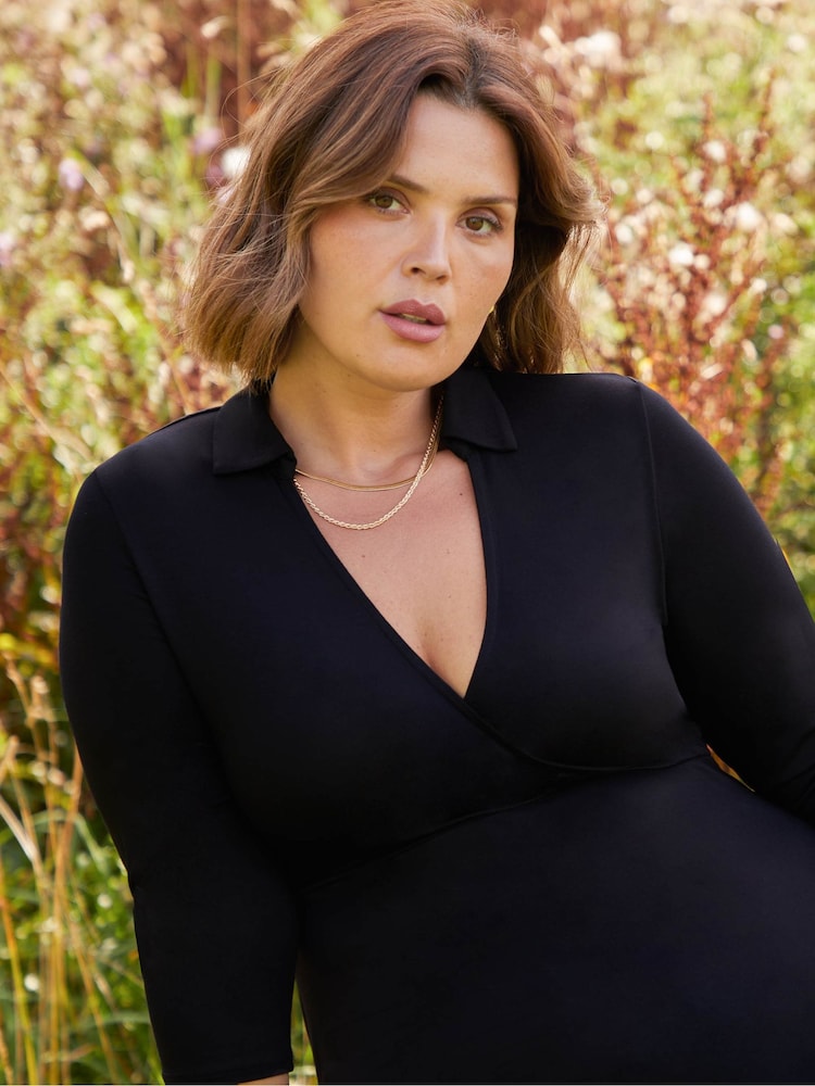 Live Unlimited Black Curve Jersey Wrap Dress With Collar - Image 1 of 6
