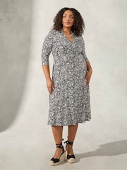 Live Unlimited Mono Floral Jersey Wrap Black Dress With Collar - Image 2 of 5