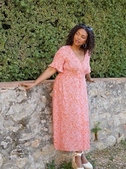 Live Unlimited Orange Linear Floral Shirred Waist Midi Dress - Image 1 of 7