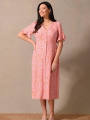 Live Unlimited Orange Linear Floral Shirred Waist Midi Dress - Image 4 of 7